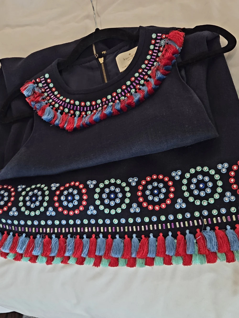 Kate Spade, Navy Embellished Tassel Sweater with Multicolor Beading - Picture 4 of 6